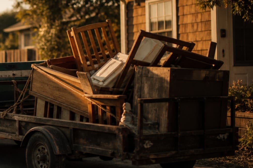 A trailer loaded with old furniture outside a home at golden hour